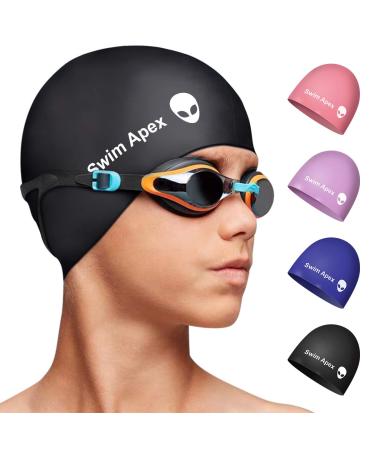 Silicone Swim Cap 2 Pack for Long Hair Women Waterproof Bathing Pool Swimming Cap Cap Cap Ceep Your Hair Dry 3D Soft Stretchable Durable and Anti-Slip Spacious Easy To Put On And Off Black1