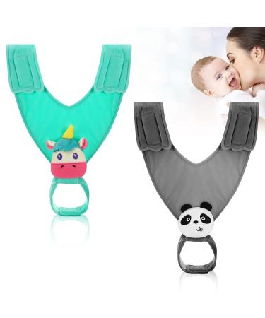 2 Pcs Adjustable Baby Bottle Holder Car Seat Bottle Spare Baby Bottle Feeding Sling Bottle Drink Holder Bracket Strap Tight Loop and Hook Tape for Hanging (Grey  Green  Cute Style)