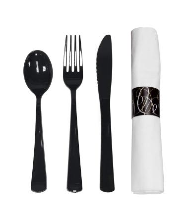 Party Essentials Party Supplies Wrapped Silverware Set Disposable, Pre Rolled Napkin and Cutlery, Spoons/Forks/Knives Black, 50 Units 50 Units Spoons/Forks/Knives Black
