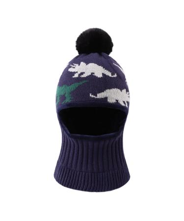XIAOHAWANG Winter Warm Baby Hood Hats Kids Knit Earflap Caps Fleece Lining Hat Scarf for Toddler Boys Girls 3-10 Years Navy Dinosaur