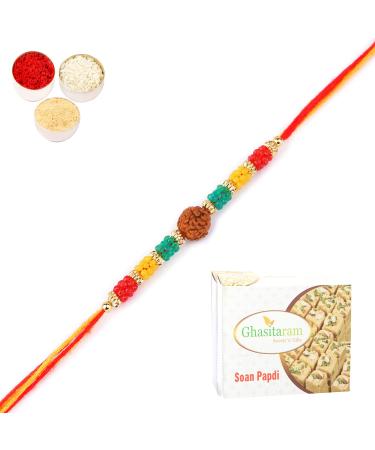 Ghasitaram Gifts Rakhi for Brother Rakhis Online - 1986- Rudraksh Rakhi with 400 GMS of Soan Papdi
