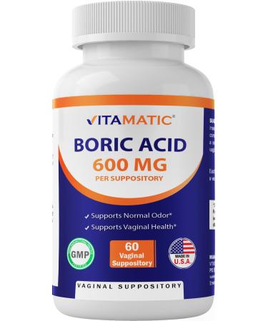 Vitamatic Boric Acid Vaginal Suppositories 600 mg USP Grade Boric Acid in Vegetarian Capsule Shell - 60 Count