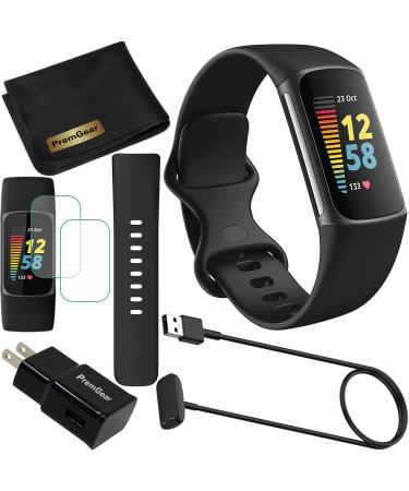 Fitbit Charge 5 Advanced Fitness & Health Tracker (Black) with Built-in GPS, Stress Management Tools, Bundle with 2 Watch Bands, 3.3foot Charge Cable, Wall Adapter, Screen Shield & PremGear