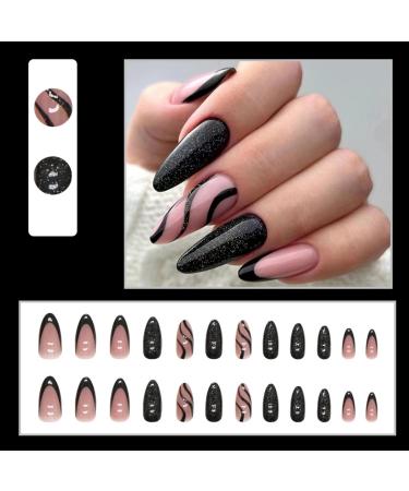 Justotry 24-Piece Stiletto Nails Set Glitter Black French Press-On Nails & Pink Almond Art Artificial Short Fingernails for Women - Buy Online on GoSupps.com