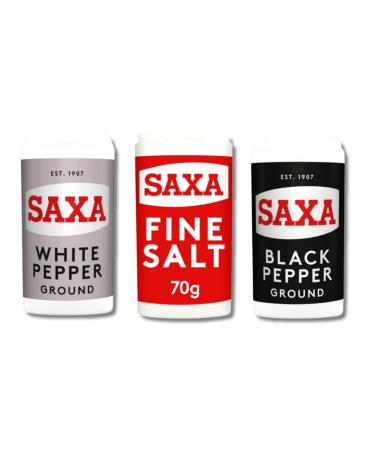 FEZ KEKE CLASSIC SALT AND PEPPER TRIO: SAXA SALT (70G) + SAXA WHITE GROUND PEPPER (25G) + SAXA BLACK GROUND PEPPER (25G) "