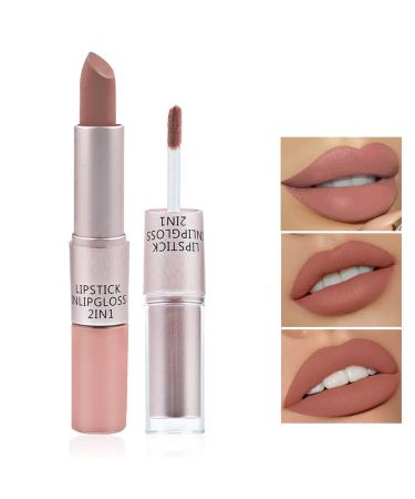LZYLLS 2 In 1 Matte Lipstick & Liquid Lipstick Waterproof Long Wear Smooth Nude Lipstick Lip Makeup Gift Set for Women Non-stick Cup Not Fade Lipgloss Set Matte Velvet Lip Gloss(01) 01