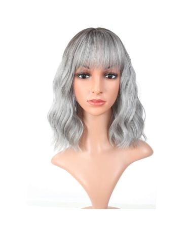 Vroosar Ombre Grey Shoulder Length Wavy Bob Wig with Air Bangs - Synthetic Cosplay Wig for Women and Girls - Buy Online on GoSupps.com