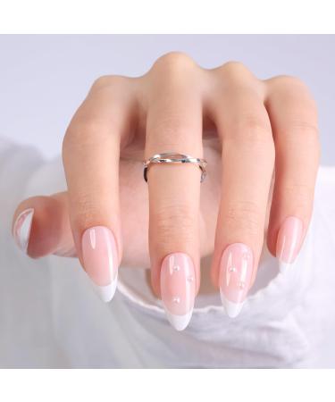 Beetles Press On Nails French Tip Medium Almond Milky Pink Nails Reusable Translucent Glue-on Nails in 15 Sizes - 30pcs Nail Kit with 10ml Quick-drying Nail Glue and Nail File Gift for Girls