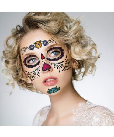 Day of The Dead Sugar Skull Face Temporary Tattoos Set with Flower Crown Headband - Perfect for Halloween Masquerade Party - Buy Online on GoSupps.com