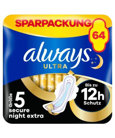 Always Ultra binding ladies size.5 Secure Night Extra 64 women's bandages with wings (4 x 16 pieces) Multipack thin and super absorbent catch smells and liquid immediately and out of the outlet protection - Buy Online on GoSupps.com