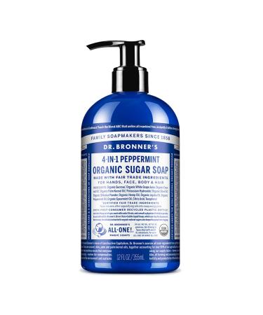 Dr. Bronner's - Organic Sugar Soap (Peppermint 12 oz) - Made with Organic Oils Sugar & Shikakai Powder 4-in-1 Uses: Hands Body Face & Hair Cleanses Moisturizes & Nourishes Vegan Non-GMO Peppermint 12 Ounce (Pack...