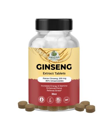 Amazing Botanicals Panax Ginseng Extract Tablets - 200mg Highly Potent 80% Ginsenosides for Energy & Relaxation - Natural Herbal Supplement for Cognitive Booster - 30 Tablets