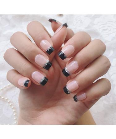 Shop French Fake Nail Set - Nude Nails with Black & Glitter | Medium Long Artificial Nails for Daily Wear - Buy Online on GoSupps.com