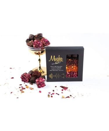 Mughe Gourmet Luxury Turkish Delight Assorted 360g (13Oz) 25 pc.- 4 Varieties: Dark Chocolate Rose Saffron Zereshk with Pomegranate Flavor - Prestigious Lokum Gift Box - Perfect for Special Days - Buy Online on GoSupps.com
