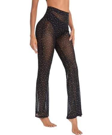Verdusa Women's Rhinestone Mesh Rave Pants - High Waist Flared Bell Dance Bottom in Black - Size Large - Buy Online on GoSupps.com