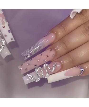 Press on Nails Long Press on Nails Square Long Nails Long Fake Nails Long Nails Press on for Prom/Party/Holiday Gift for Women (Blush and White with Jewelry Design)
