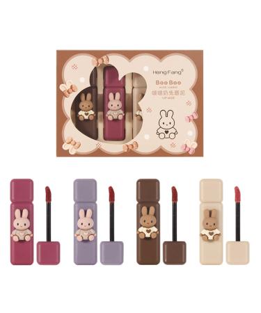 Domality 4pcs Bunny Rabbit Package Lip Gloss Set for Lips & Cheeks 4 Colors Matte Velvet Mousse Liquid Lipstick Soft Lightweight Smooth Lip Mud Long Lasting Waterproof Lip Makeup Kit with Nice Gift Package