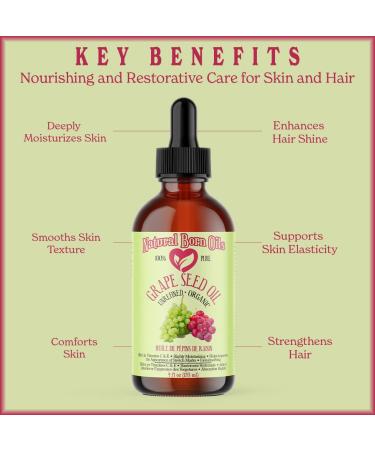 Grape Seed Oil 16oz Organic Cold-Pressed Nutrient-Dense Deep Skin Nourishment Hair Revitalization Natural Born Oils. - Buy Online on GoSupps.com