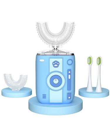 ELOTAME Kid's Electric Toothbrush U Shaped Rechargeable  6 Cleaning Modes  IPX 7 Waterproof  45 Seconds Timer  Cute Cartoon Children Automatic Sonic Toothbrush (Age 8-12  Blue Camera) Age 8-12 Blue Camera