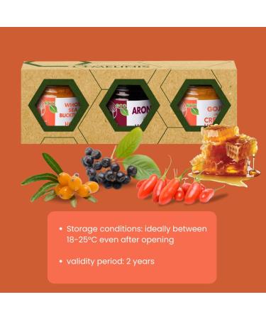  Melinis Pack of 3 packs of organic honey spread - 3 x 40g - With sea buckthorn aronia and goji berries - Creamy spread made with acacia and polyflora honey - For breakfast  - Buy Online on GoSupps.com