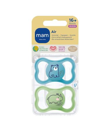 MAM Air Silicon Schnuller Set - 2 Tooth-Friendly Baby Pacifiers Extra Light with Airy Shield Design 16+ Months Includes Pacifier Box - Bear/Rhino Design - Buy Online on GoSupps.com