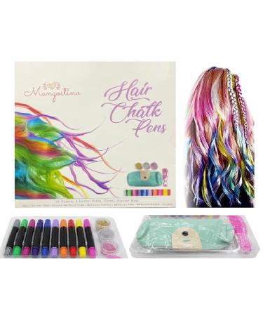 10 Colorful Hair Chalk Pens for Girls Women Temporary Hair Coloring Safe & Non-Toxic Washable Hair Dye Colourful Pens - Great Gift for Girls KK's (10 Chalk PEN+Comb+Glitters+Bag)