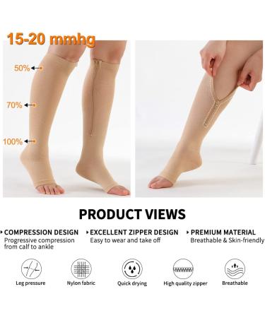 Buy 2 Pairs Medical Zipper Compression Socks 15-20mmHg Open Toe - Knee High for Women & Men X-Large Beige | International Shipping Available - Buy Online on GoSupps.com