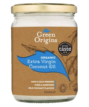Green Origins Green Origins Organic Extra Virgin Coconut Oil 500ml in a glass jar for use in cooking baking moisturizing cream and hair care
