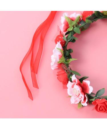 Minkissy Red Bridal Hair Wreath - Women & Girls Flower Headband with Green Leaves | Wedding Party Crown - Buy Online on GoSupps.com