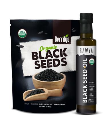 RAWYA Black Seeds + Black Seed Oil - USDA Organic Certified, Cold Pressed, Nigella Sativa, Cumin Seed Oil, Kalonji, Premium Quality, High Thymoquinone, Pure & Natural, 8.4 Oz + 16 Oz Seeds