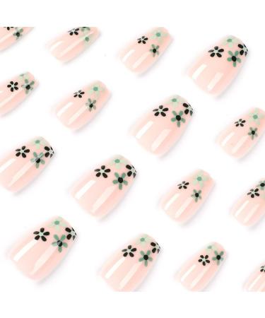 24 Pcs Floral Fake Nails Medium Green French Press on Nails - Trendy Nude Ballerina Stick on Nails for Women - Acrylic Coffin False Nails Long with Glue for Nail Art - Buy Online on GoSupps.com
