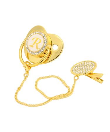 Alomejor baby pacifier curved design 26 letters safe materials healthy bling baby pacifier with clips for 6 to 18 months golden color (R)