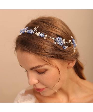 Blue Flower Rhinestone Wedding Headband | Handmade Pearl Bridal Hair Accessory - Buy Online on GoSupps.com