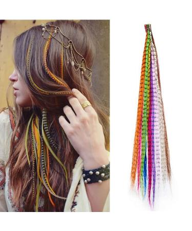 Synthetic Feather Hair Extensions Kit 16Inch 20Pcs Mixed Colors Colored Straight Hair Feather Hair Extensions Kit (Not Real Feather) with Bonus FREE 50Pcs Silicone Lined Micro Ring and Crochet Hook