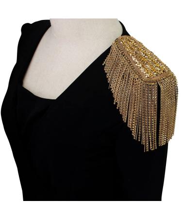 Beaded Crystal Shoulder Patches Motifs Fringe Tassel Epaulets Shoulder Brooches 2 Pieces (Gold B)