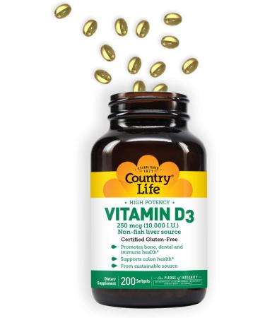 Country Life High Potency Vitamin D3 250 mcg (10,000 IU) - 200 Softgels for Optimal Health - Buy Online on GoSupps.com