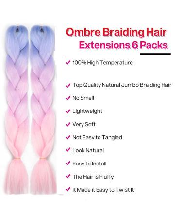 Shangxiu Ombre Braids Extensions - 6Pcs Kanekalon 24 Crochet Hair in Blue Light Purple & Pink | High-Quality Kunsthaar for Inclusive Styling - Buy Online on GoSupps.com