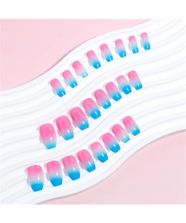 Blue Pink Gradient Fake Nail Coffin Short Press on Nails Tips Nail Art Decoration for Women and Girls Manicure 24pc