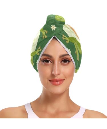 Green Cute Frog Hair Towel 2 Pack Super Absorbent Hair Drying Towel Quick Dry Hair Turbans Head Towel with Button Twisty Wrap for Women Girls
