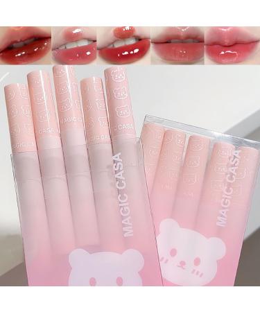 5Pcs Bear Lip Glaze Jelly Lipstick Liquid Lipstick Cute Bear Lipgloss Moisturizing Lip Stain Plumping Water Mirror Lip Gloss Waterproof Long Lasting Lip Tint Set A