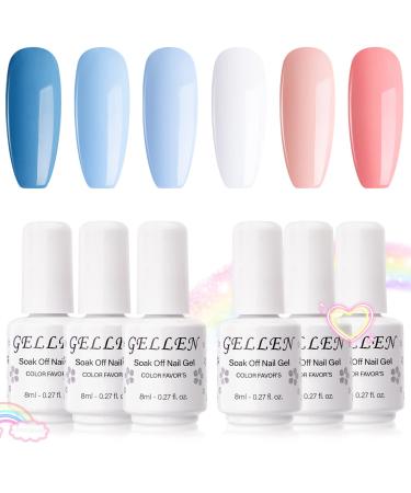Gellen Gel Nail Polish Kit - Blue Peach Gel Colors Light Pink White Soak off Nail Art Design Gel Polish Set Salon/Home Gel UV LED Cured Manicure