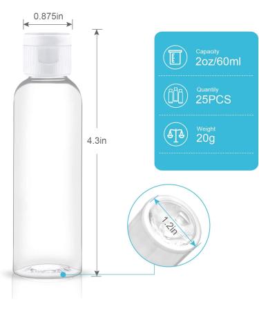 Set of 25 Clear 2oz Plastic Flip Cap Bottles for Travel - Refillable Cosmetic Containers for Shampoo, Soap, Lotion, Cream - 60ml Air Flight Travel Bottles - Buy Online on GoSupps.com
