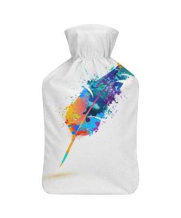 Colorful Feathers Hot Water Bottle With Cover Plush Bed Bottle Hand Warmer For Adults And Children 26.5X15.3cm