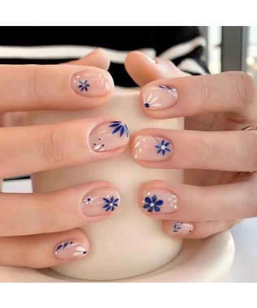 Square Press on Nails Short Fake Nails Blue Maple Leaf False Nails with Flower Design Full Cover Acrylic Nails Glossy Glue on Nails Summer Cute Press on Nails Stick on Nails for Women and Girls 24Pcs A12