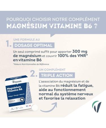 Vitavea Magnesium Vitamin B6 Food Supplement Fatigue Relaxation Energy Relaxation Nervous Balance - Magnesium B6 - 30 Tablets - 30 Day Cure - Made in France - Buy Online on GoSupps.com