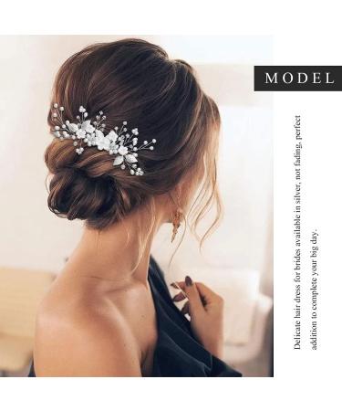Handsess Bridal Wedding Flowers Hair Comb Silver Rhinestone Hairpieces Leaf Bridal Side Combs Pearl Wedding Hair Accessories for Women and Girls - Buy Online on GoSupps.com