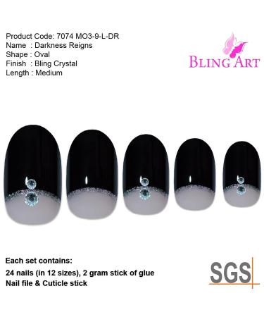 Shop Bling Art Black Crystal Oval False Nails - 24 Medium Artificial Nails with Glue for Stunning Looks - Buy Online on GoSupps.com