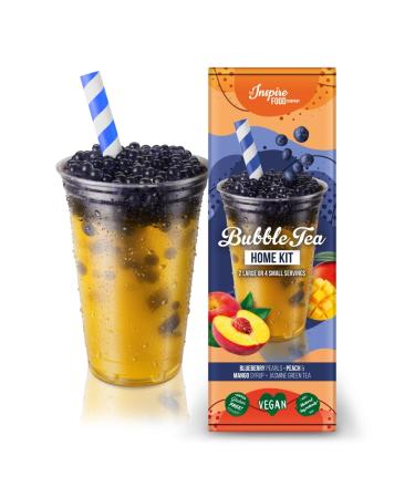 Inspire Food Bubble Tea set-Blaubeer-Boba 100g Peach Sirup 30ml Mango Sirup 30ml 4x straws + 2x jasmine tea |100% vegan gluten -free without art.Dyks blueberry boba peach & mango syrup