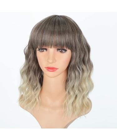Gradient Blonde AISI HAIR Synthetic Wavy Curly Bob Wig with Bangs - Shoulder Length Ombre Wig for Women - Buy Online on GoSupps.com