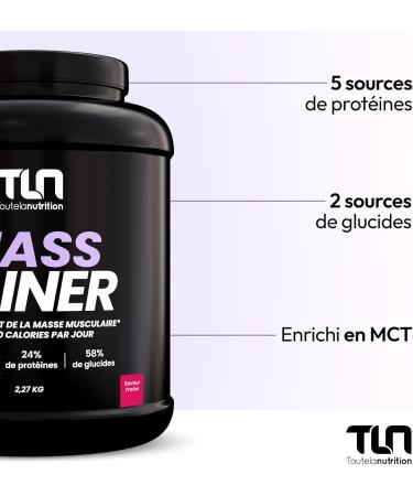 MASS GAINER | Weight Gainer | Strength Training | +1500 kcal per day | 5 Protein Sources + 2 Carbohydrate Sources + MCTs | 22 Servings of Strawberry Flavor Shaker Drink | 2.26 kg | TLN - Buy Online on GoSupps.com